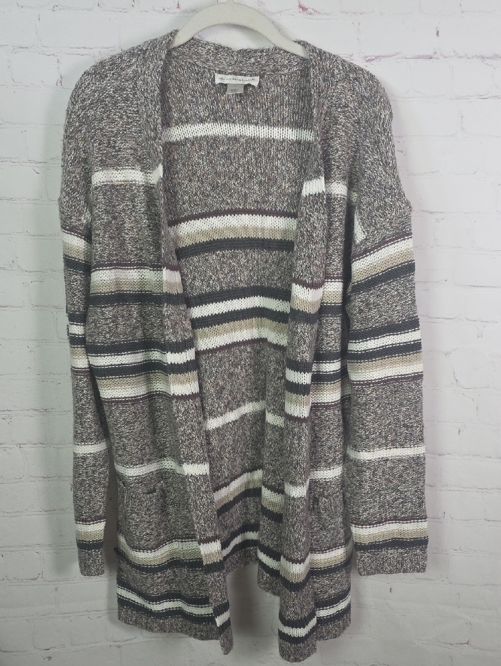 Christopher & Banks Large Open-Front Striped Cardigan - Gray & Cream